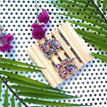 Load image into Gallery viewer, Arch sprinkle rainbow resin earrings