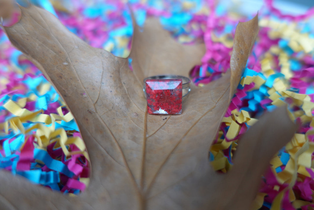 Red Pressed Adjustable Flower Ring made with resin