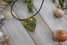Load image into Gallery viewer, Handmade Green and Gold Pendent Charm made from Resin and Real Pressed Flower
