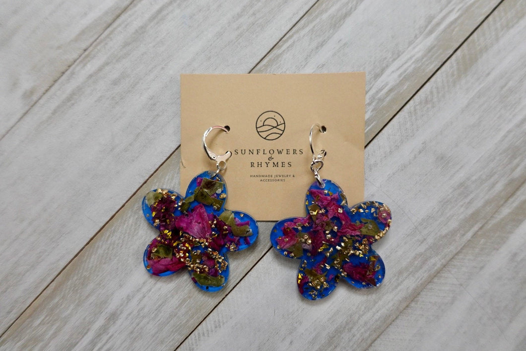 Pinkish Burgundy & Blue Flower Earrings