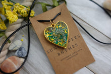 Load image into Gallery viewer, Handmade Green and Gold Pendent Charm made from Resin and Real Pressed Flower
