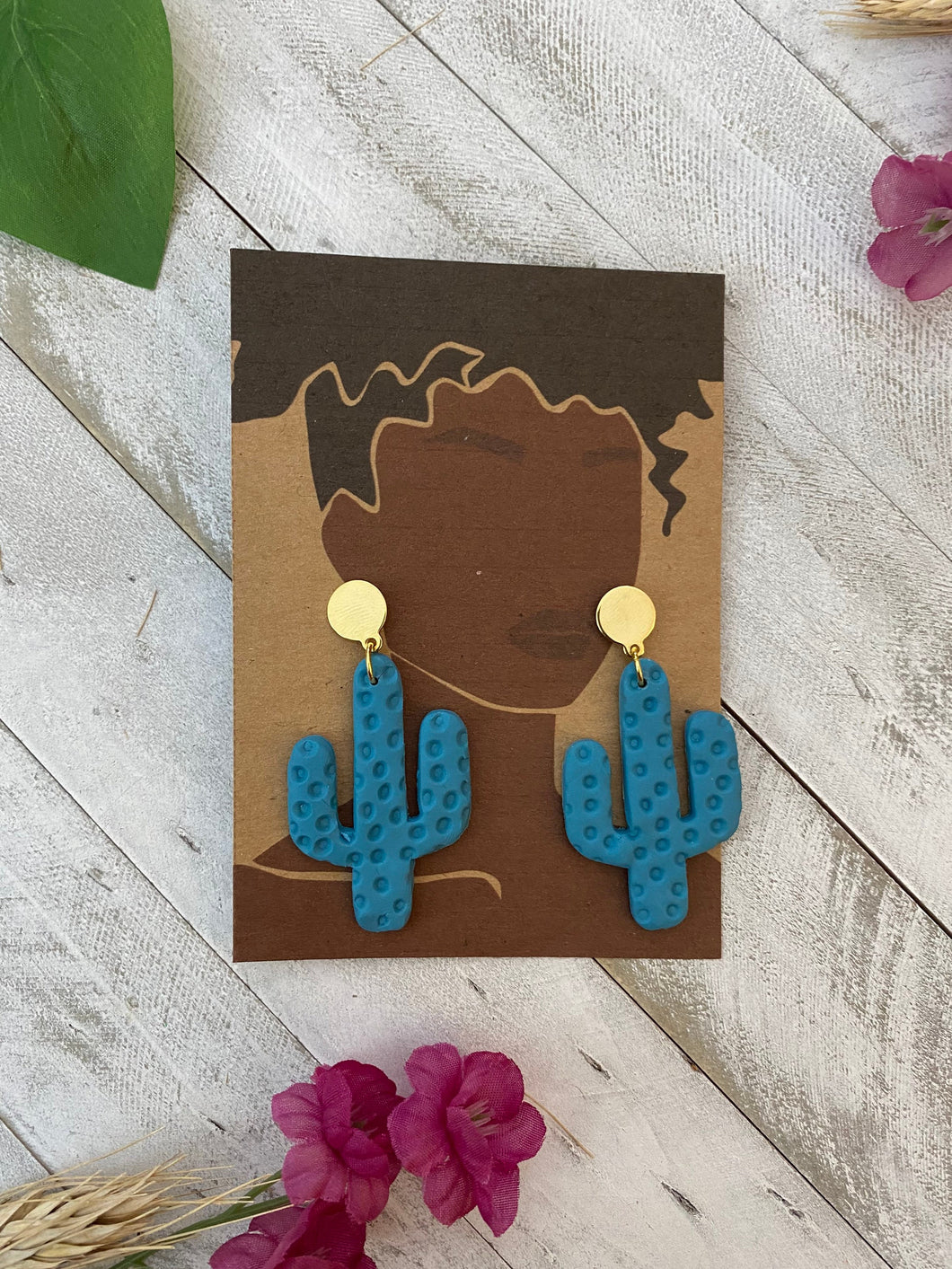 Polymer Clay Teal Cactus Dangle Earrings