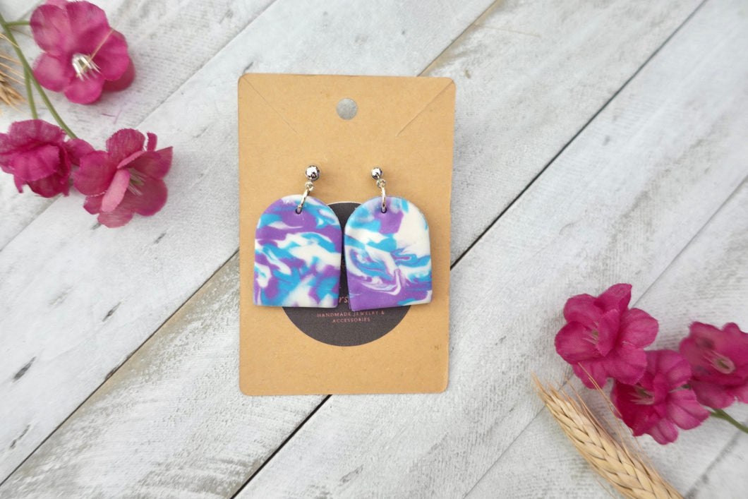 White purple blue arch dangle polymer clay earrings