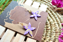 Load image into Gallery viewer, Purple and gold flower dangle earrings
