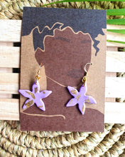 Load image into Gallery viewer, Purple and gold flower dangle earrings
