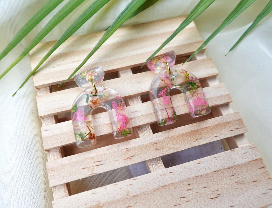 Pink Flower resin arch earrings