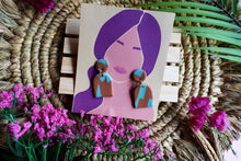 Load image into Gallery viewer, Tan and blue dangle marbled earrings
