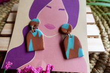 Load image into Gallery viewer, Tan and blue dangle marbled earrings

