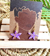 Load image into Gallery viewer, Purple and gold flower dangle earrings
