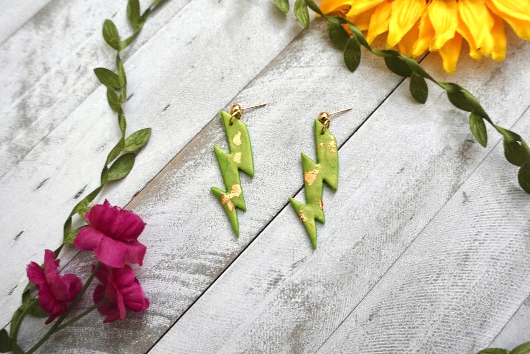 Handmade | polymer clay | Lime green and gold lightning rod earrings