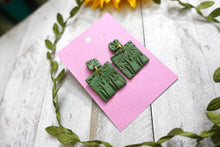 Load image into Gallery viewer, Olive Green | Dark Green Palm Tree Square earrings | handmade | polymer clay earrings | small square dangle earrings
