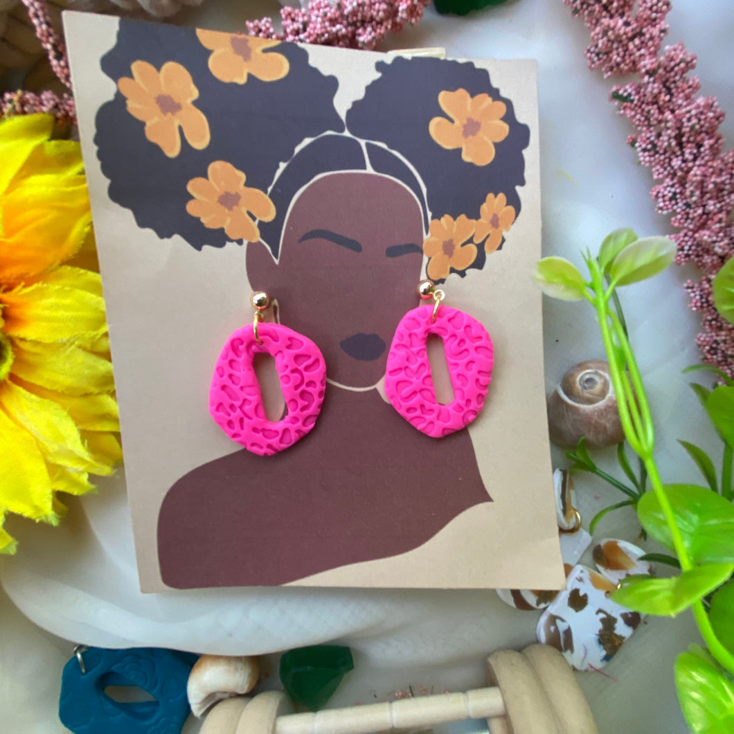 Hot Pink textured leopard print dangle polymer clay earrings