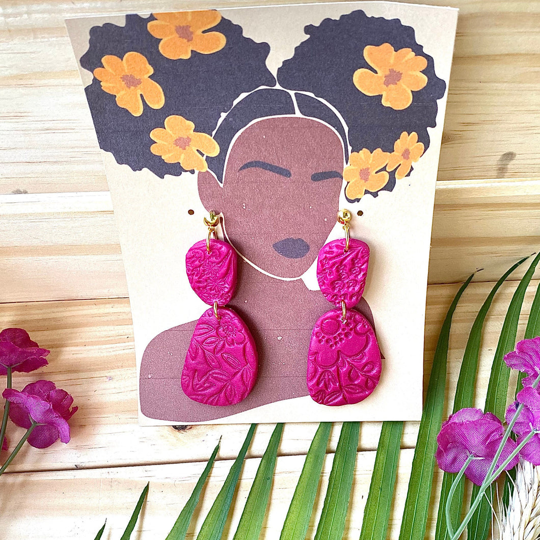 Pink Dangle Flower Textured Polymer Clay Earrings