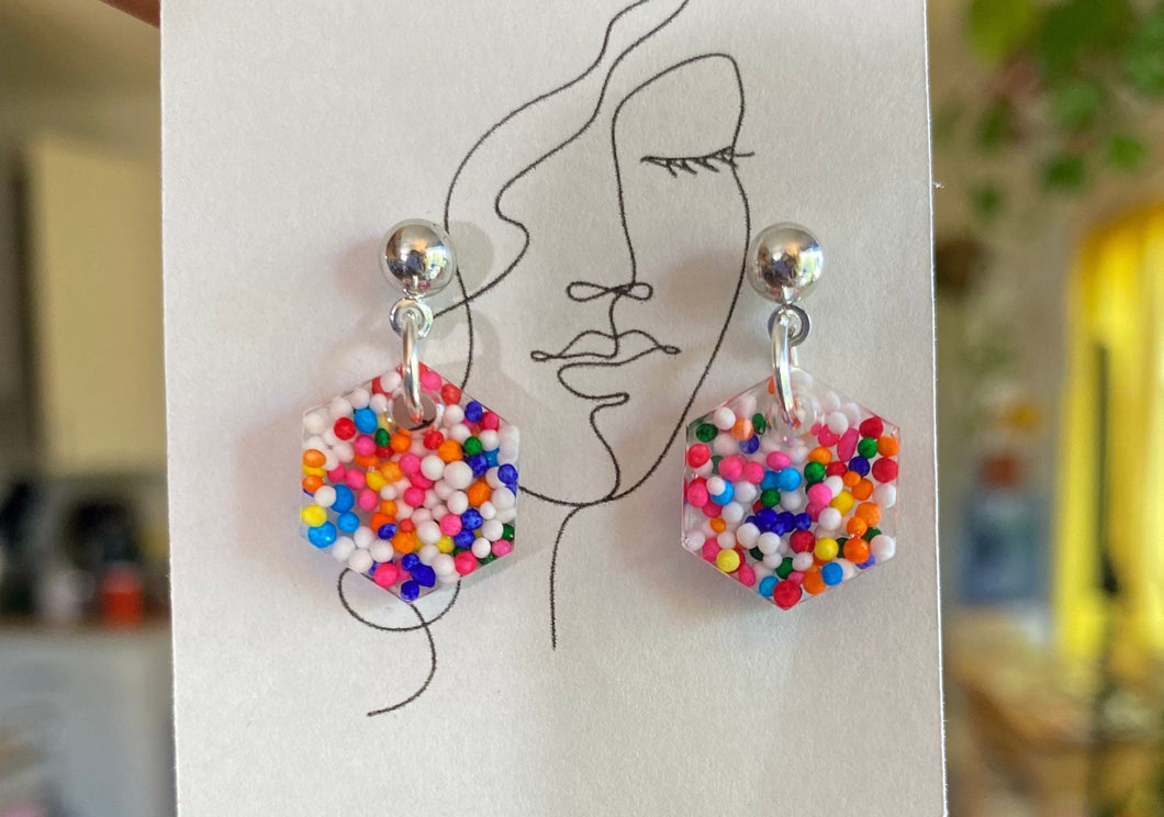 Small hexagon mini  sprinkle Earrings | resin jewelry | Handmade