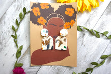 Load image into Gallery viewer, Terrazzo earrings|  off white | arch dangle earrings | handmade polymer clay earrings
