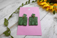 Load image into Gallery viewer, Olive Green | Dark Green Palm Tree Square earrings | handmade | polymer clay earrings | small square dangle earrings
