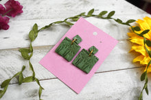 Load image into Gallery viewer, Olive Green | Dark Green Palm Tree Square earrings | handmade | polymer clay earrings | small square dangle earrings
