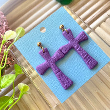 Load image into Gallery viewer, Purple textured cross earrings | polymer clay | handmade
