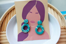 Load image into Gallery viewer, Turquoise and white marble hoop polymer clay earrings | handmade | gift
