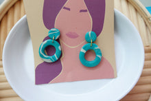 Load image into Gallery viewer, Turquoise and white marble hoop polymer clay earrings | handmade | gift
