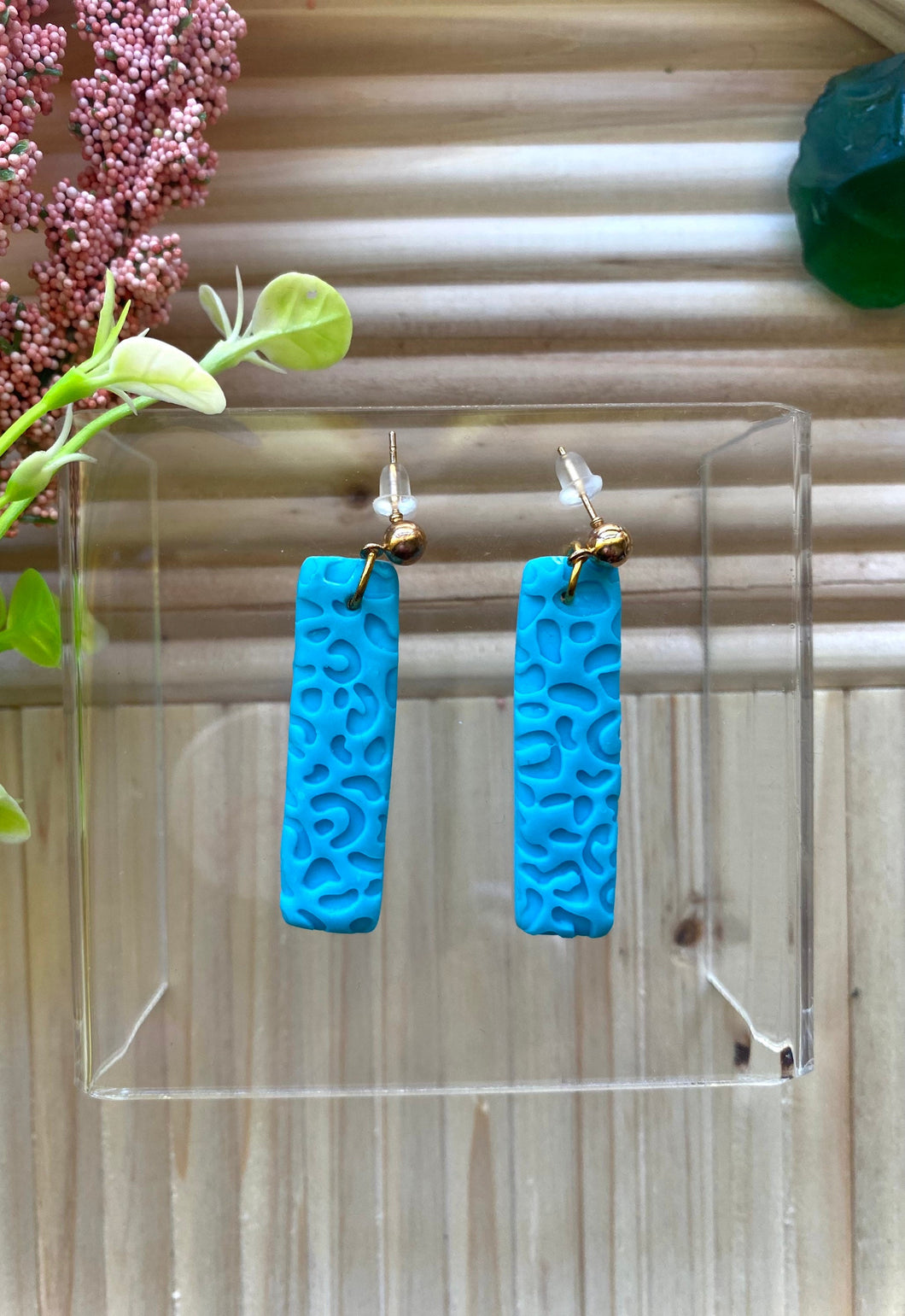 Light blue dangle leopard print | polymer clay earrings | handmade |