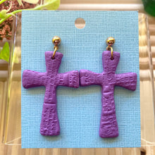 Load image into Gallery viewer, Purple textured cross earrings | polymer clay | handmade
