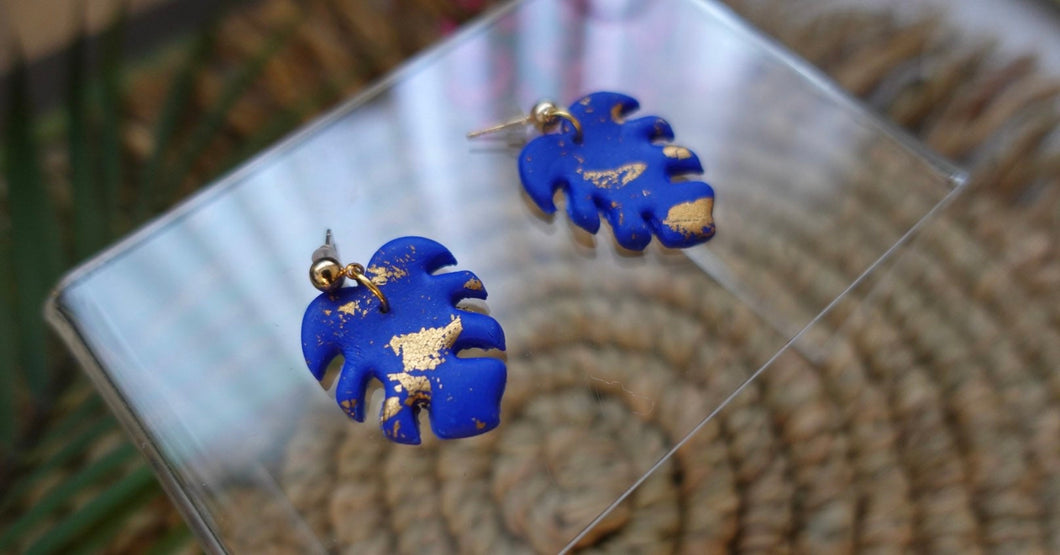 Small Blue and Gold Monstera dangle earrings | polymer clay earrings | handmade