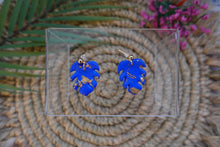 Load image into Gallery viewer, Small Blue and Gold Monstera dangle earrings | polymer clay earrings | handmade
