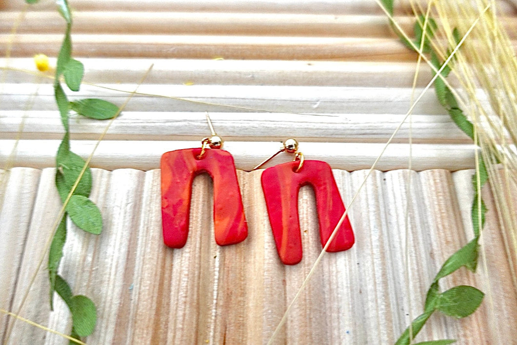 Orange and red square shape organic earrings